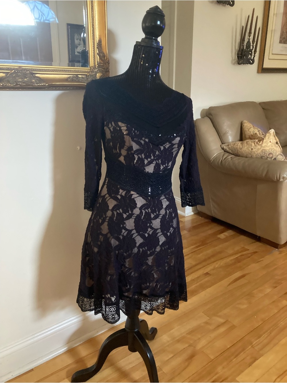 Free People black/Navy Floral Lace Midi Dress with Scalloped Hem